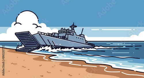 A landing craft docks on a sandy beach, with a modern warship in the ocean
