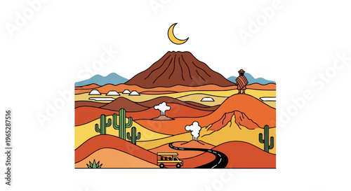 A lone figure surveys a vibrant desert landscape with a volcano and moon