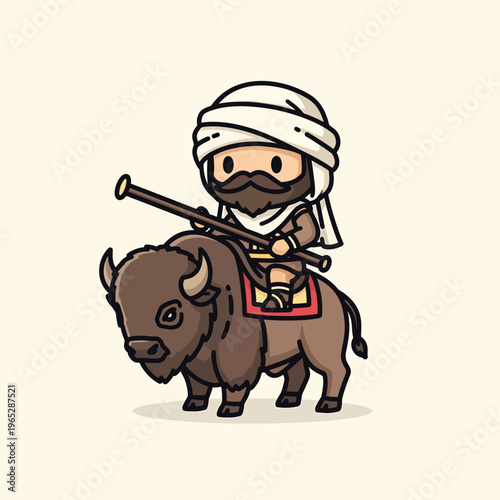 A cartoon-style illustration of a person riding a bison. They are dressed in light-colored robes and turban and hold a staff