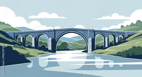 Arched stone bridge spans a serene river through rolling green hills