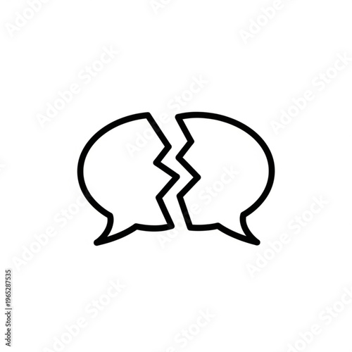 A minimalist vector graphic illustration of two broken speech bubbles in a flat design style