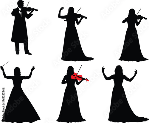 Silhouettes of violinists and conductors in long dresses and coats, artistic music performance illustration featuring red violin accent symbolizing passion and focus