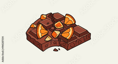 Broken chocolate bar with orange slices and crumbs