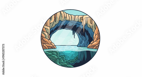 A pixel art circular graphic depicting a cave opening with water and underwater elements