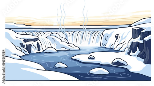 A pixel art winter scene depicts a wide waterfall cascading into a blue river, surrounded by snow