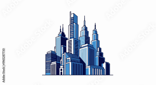Stylized blue buildings forming a city skyline against white