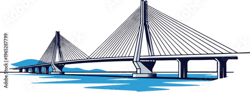 Stylized illustration of a cable-stayed bridge over blue water