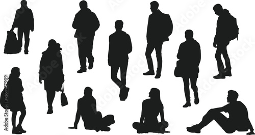 Collection of diverse human silhouettes in standing, sitting, and leaning poses, including figures with bags and backpacks, lifestyle diversity, ergonomic posture, fashion references