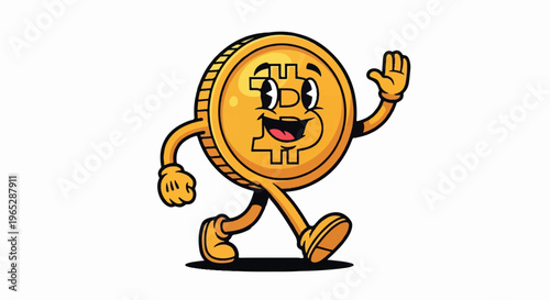 Cartoon coin character with arms, legs, and happy face, waving