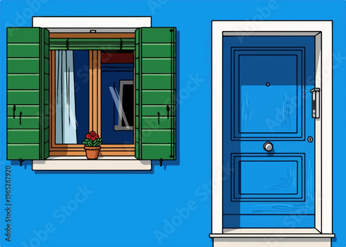 Bright blue door and window with green shutters and potted flowers