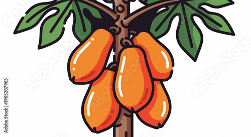 Stylized papaya tree with ripe orange fruits and green leaves