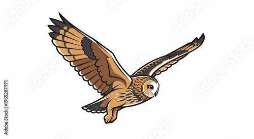 Stylized owl with outstretched wings in mid-flight, depicted against white