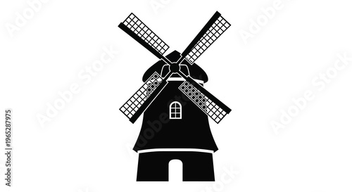 A stark black and white illustration depicts a traditional windmill with cross shaped blades set against a white background high quality