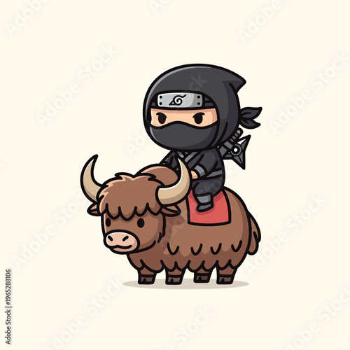 A cute cartoon ninja, dressed in black, rides a large brown beast with horns and fur. The ninja has a weapon on its back. The background is cream-colored