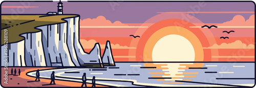 Coastal sunset with a lighthouse, cliffs, beach, and silhouetted people