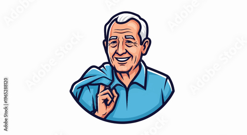 Cheerful elderly man in a blue polo shirt, holding a jacket