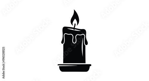 A stark black silhouette depicts a partially melted candle with a visible flame resting on a small base high quality professional