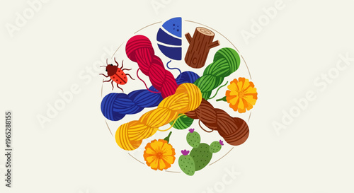 Colorful assortment of craft supplies arranged in a circle with nature elements