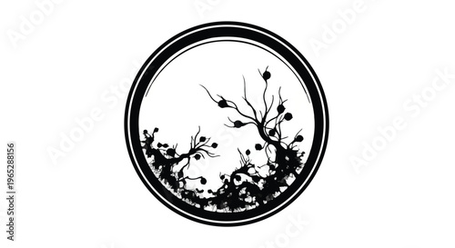 Small stylized barren trees with round fruit are enclosed in a circular frame.