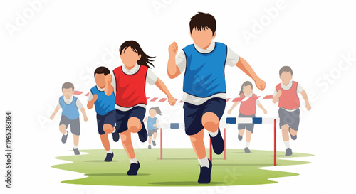 Children in a thrilling hurdle race on a green field