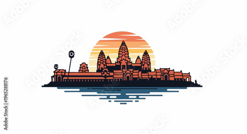 Stylized temple complex at sunrise reflected in calm water