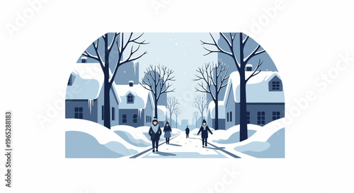 Cozy winter street scene with people walking past snow-covered houses
