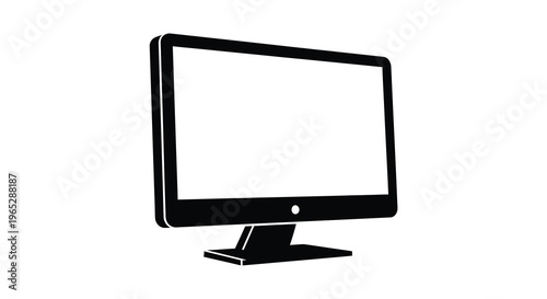 A simple black and white silhouette depicts a modern flat screen computer monitor with a stand high quality professional detailed elegant
