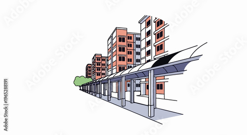 Colorful apartment buildings with covered walkway and green tree