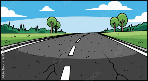 Cracked asphalt road stretching into the distance under a blue sky