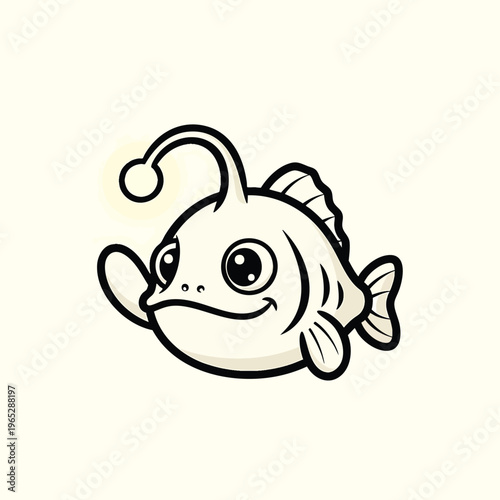 A cartoon-style illustration of an anglerfish, rendered in black and white. It features oversized eyes, a friendly smile, and a glowing lure
