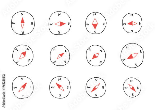 赤い針が様々な方位を指し示す方位磁針の手描きイラストセット
