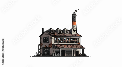 Dilapidated industrial building with broken windows and a smoking chimney