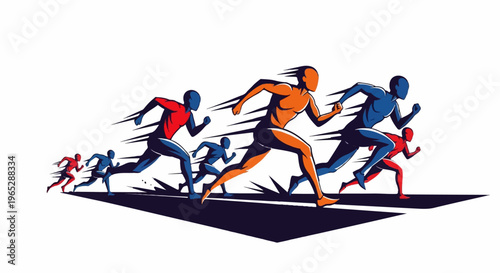 Diverse group of runners in a stylized race, motion blur effect