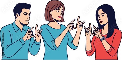Three people communicating using sign language gestures with their hands