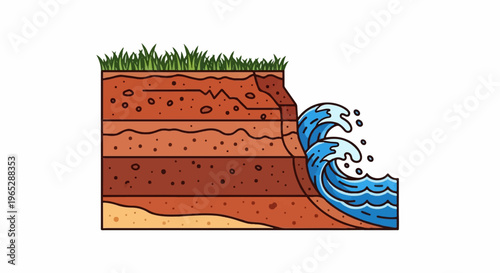 Cutaway of soil layers with waves crashing onto a cliff