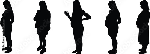 Collection of pregnant woman silhouettes in profile view, showing diverse body postures, maternity stages, lifestyle diversity, ergonomic references, fashion elements, and animation resources 