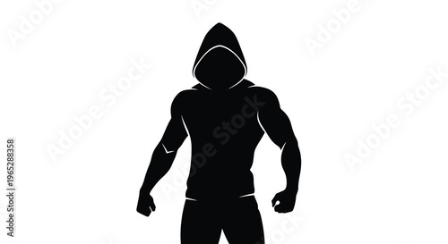 A stark silhouette depicts a muscular figure wearing a hooded garment facing forward with clenched fists high quality professional detailed modern