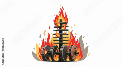 Dumbbell rack engulfed in intense flames, vibrant red and orange