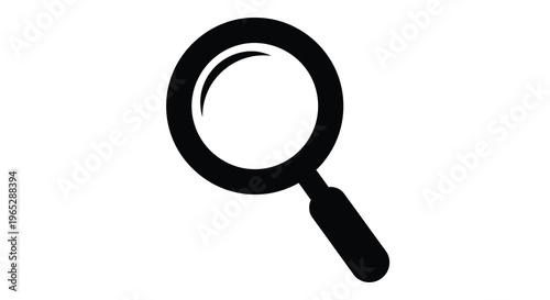 A simple black and white graphic depicts a magnifying glass angled slightly suggesting investigation or detailed examination high quality professional modern