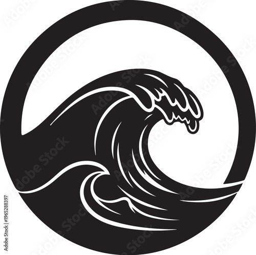 Wave, ocean wave, circular wave icon, black and white vector, wave symbol