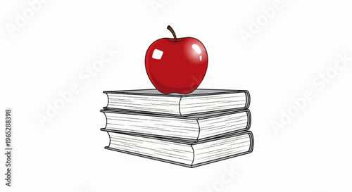 Stacked books topped with a bright red apple, white background
