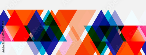 Abstract geometric shapes overlap, creating vibrant colorful pattern. Triangles dominate composition, with varied hues.