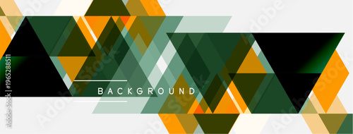 Geometric triangles form abstract background. Orange, green, gray hues create modern design. Minimalist style, clean lines present visual appeal.