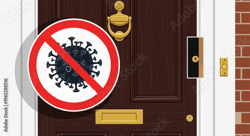 Forbidden virus symbol on a wooden door with brass fittings