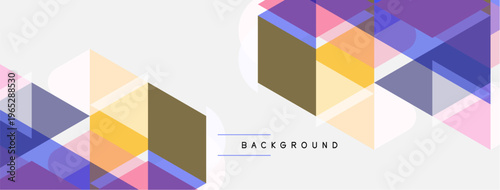 Abstract geometric shapes overlap, creating dynamic colorful background. Light hues dominate composition. Modern design element.