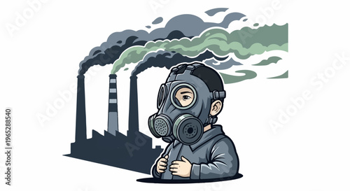 Child in gas mask confronts industrial pollution