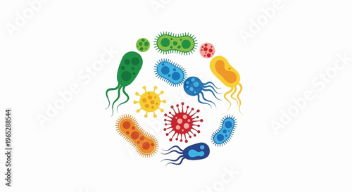 Diverse, colorful cartoon-style microorganisms form a circular pattern