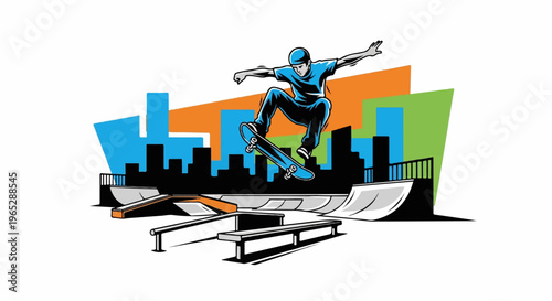 Skater performs aerial trick at urban skate park with colorful city backdrop