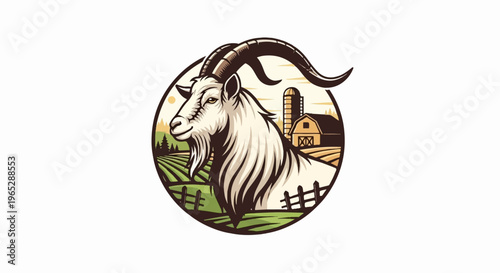Goat with farm, fields, barn, silo, and fence in a circle