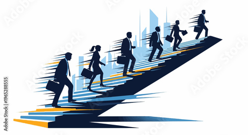 Silhouettes of business people ascending a dynamic, abstract staircase